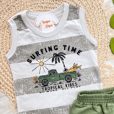  Conj. Regata Surfing Time e Bermuda em Moletinho - Mescla e Verde